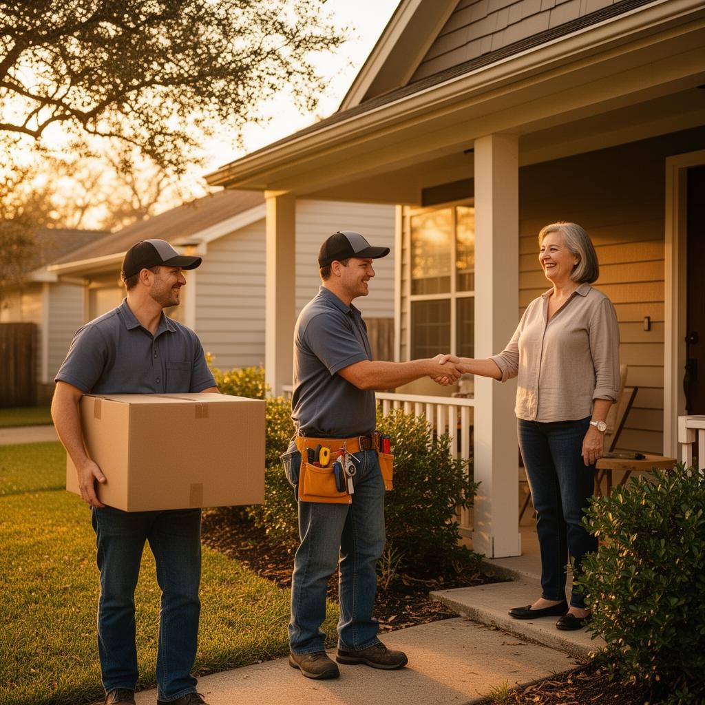 ExtraHands crew helping a Houston homeowner on her front porch